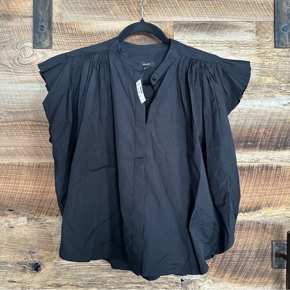 Madewell Poplin Shirred Button Up Shirt Black Flutter Sleeve Blouse